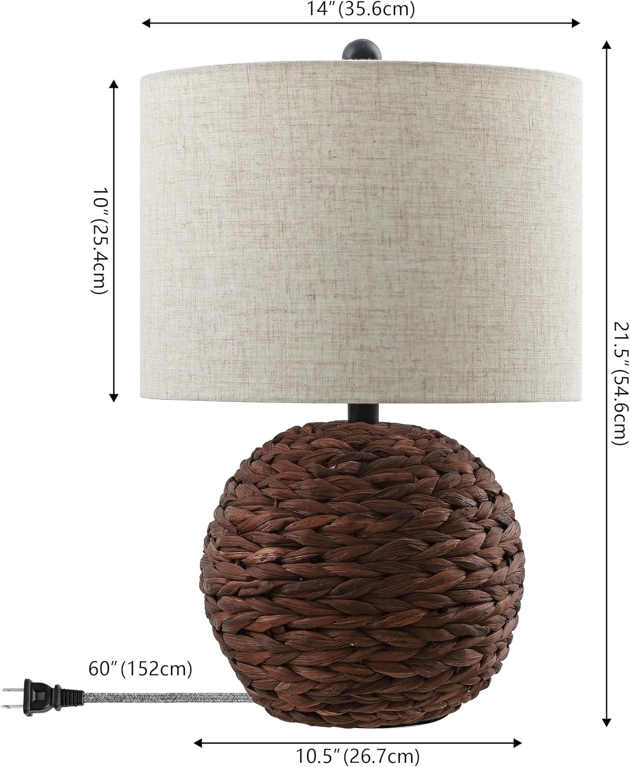 JONATHAN Y 21.5' Dark Brown Modern Coastal Woven Rattan Globe LED Table Lamp for Bedroom, Oatmeal Linen Drum Shade, LED Bulb Included, Rustic Bedside Lamp for Living Room (JYL6514B)