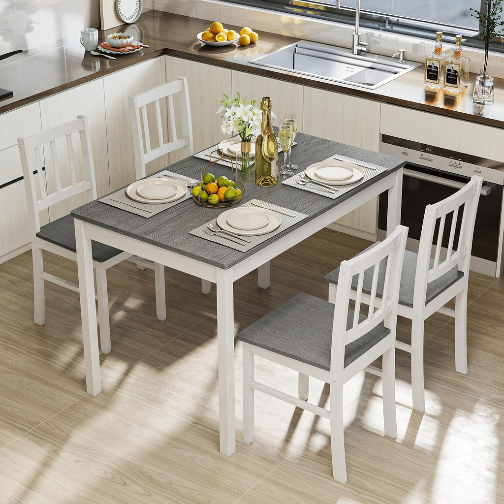 5-Piece Dining Table Set for 4, Solid Wood Farmhouse Rectangular Kitchen Table Set with 4 Chairs, Space-Saving Wooden Dinette Set for Small Space, Dining Room, Breakfast Nook, Grey & White
