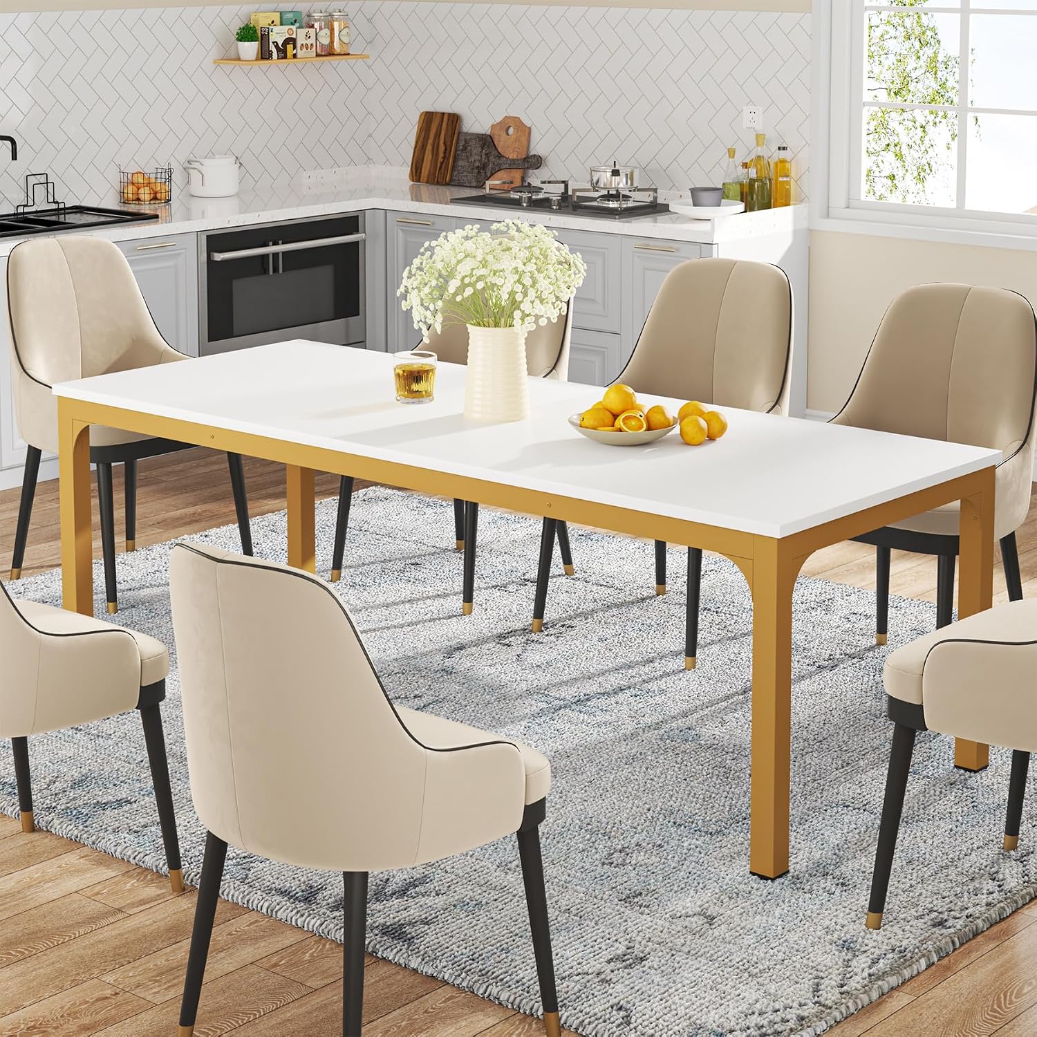 Tribesigns Dining Table for 6-8 Person, 78 inch Long Rectangular Kitchen Dining Table for Living Room and Dining Room, 78.7 x 27.5 x 29.5 Inches(Only Table) (White + Gold)