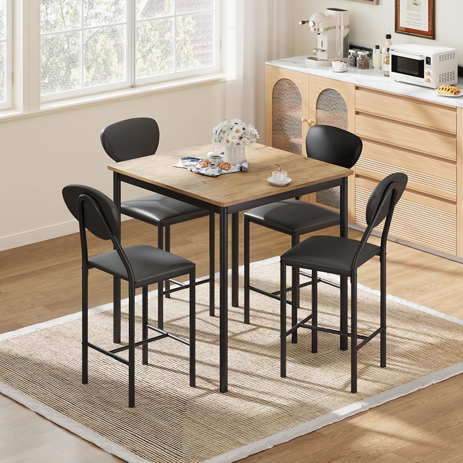 EROMMY Dining Table Set for 4, Modern Kitchen Table and Chairs with PU Leather Upholstery, Wood Dining Table with Chairs for Small Space, Dining Room, Brown