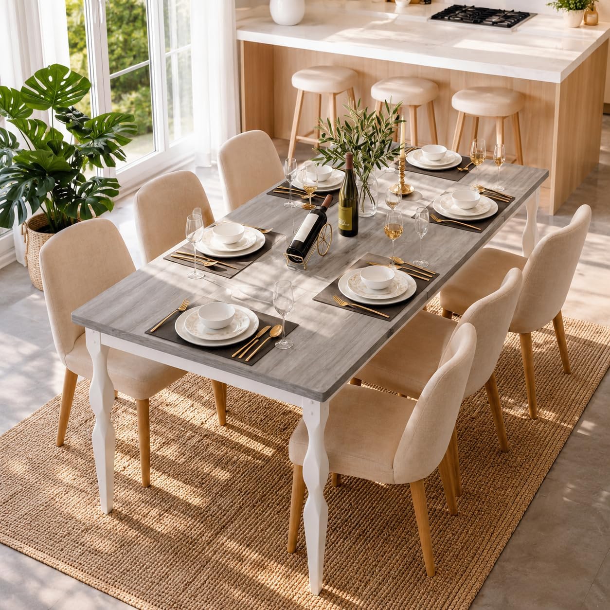Garvee 71-Inch Modern Farmhouse Dining Table, Large Rectangular Kitchen Table for 6-8 People, Sturdy Wood Top with Unique Legs, Scratch-Resistant Dining Room Furniture for Party, Big Family, Grey
