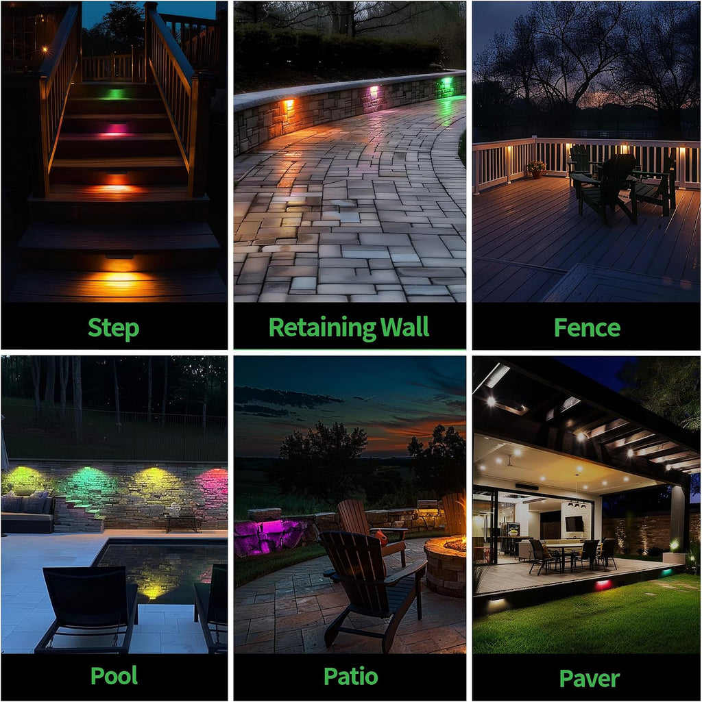 Smart Hardscape Lighting RGBCW, 5W LED App Control Deck Step Lights Outdoor, IP65 Waterproof 12V Low Voltage Aluminum ORB for Landscape Retaining Wall Paver 6 Pack