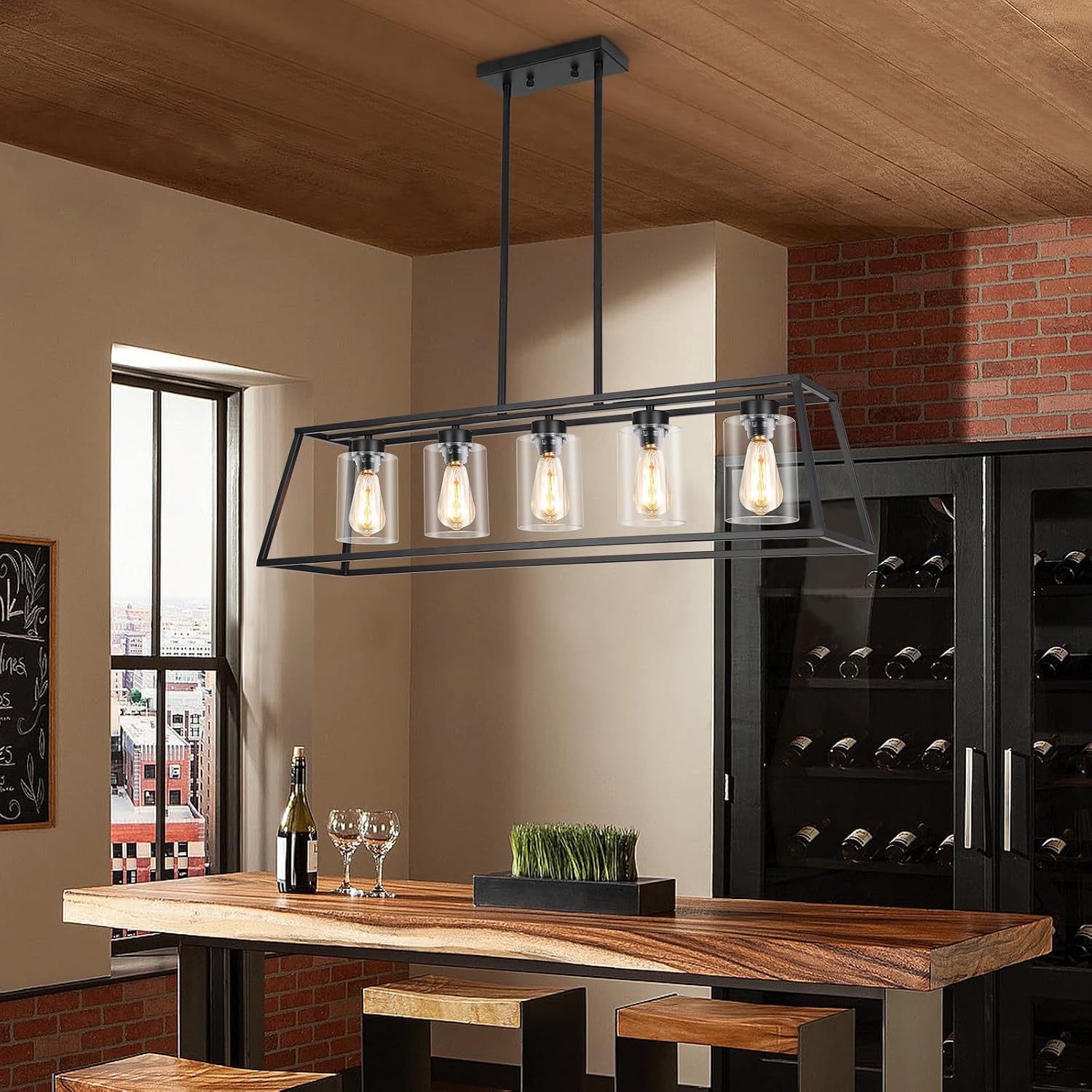 Kitchen Island Lighting,5-Light Black Chandeliers for Dining Room Light Fixtures Over Table, Farmhouse Rectangle Chandelier Island Lights for Kitchen with Cylinder Clear Glass