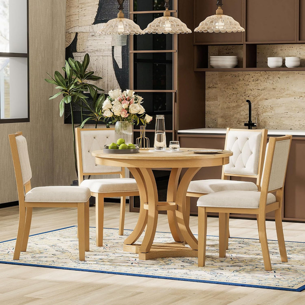 Bellemave Extendable Dining Table Set for 4, 5-Piece Retro Round Table Set with 4 Upholstered Chairs, Round Table with a 16' W Leaf, Oval Kitchen Table Set with Extendable Table (Natural)