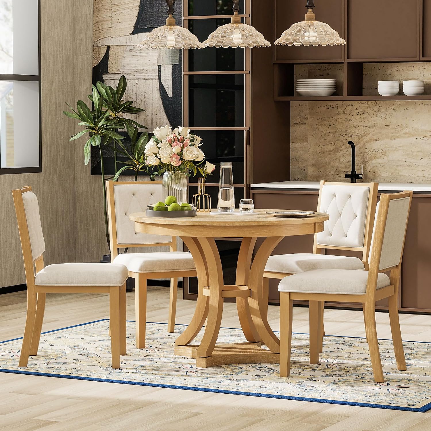 Bellemave Extendable Dining Table Set for 4, 5-Piece Retro Round Table Set with 4 Upholstered Chairs, Round Table with a 16' W Leaf, Oval Kitchen Table Set with Extendable Table (Natural)