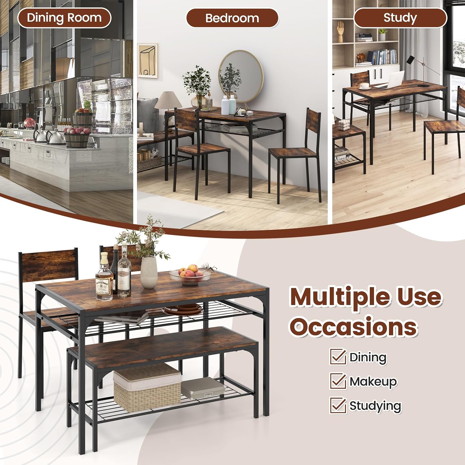 COSTWAY 4 Pieces Dining Table Set, Kitchen Table and 2 Chairs for 4 with Bench, Storage Racks, Metal Frame & Space-saving Design, Industrial Kitchen Table Set for Small Space, Apartment (Rustic Brown)