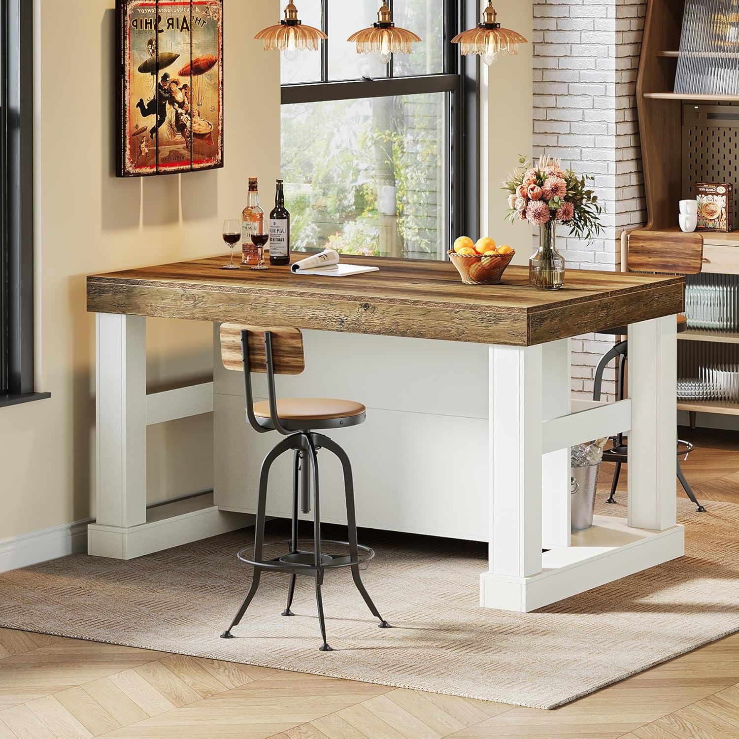 Tribesigns Bar Table, 55-Inch Counter Height Pub Table with Storage Shelves, High Top Kitchen Dining Table, Rectangle Wood Home Bar Unit for Dining Room, Bistro, White and Brown
