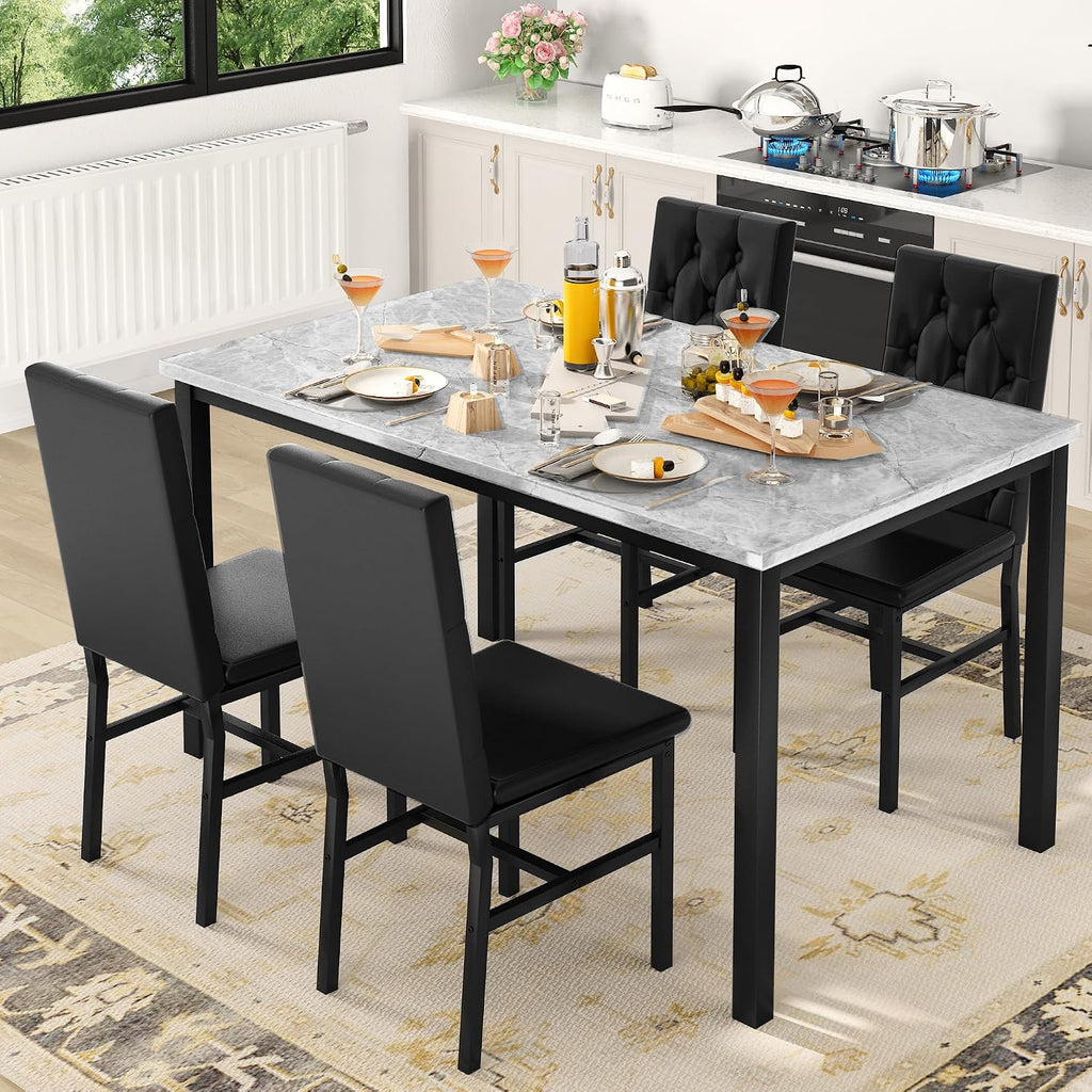 Hooseng Dining Table Set for 4, Faux Marble Small Kitchen Table Chairs Set of 4 with Luxurious Button Tufted Dinner Chairs for Kitchen and Dining (Gray)