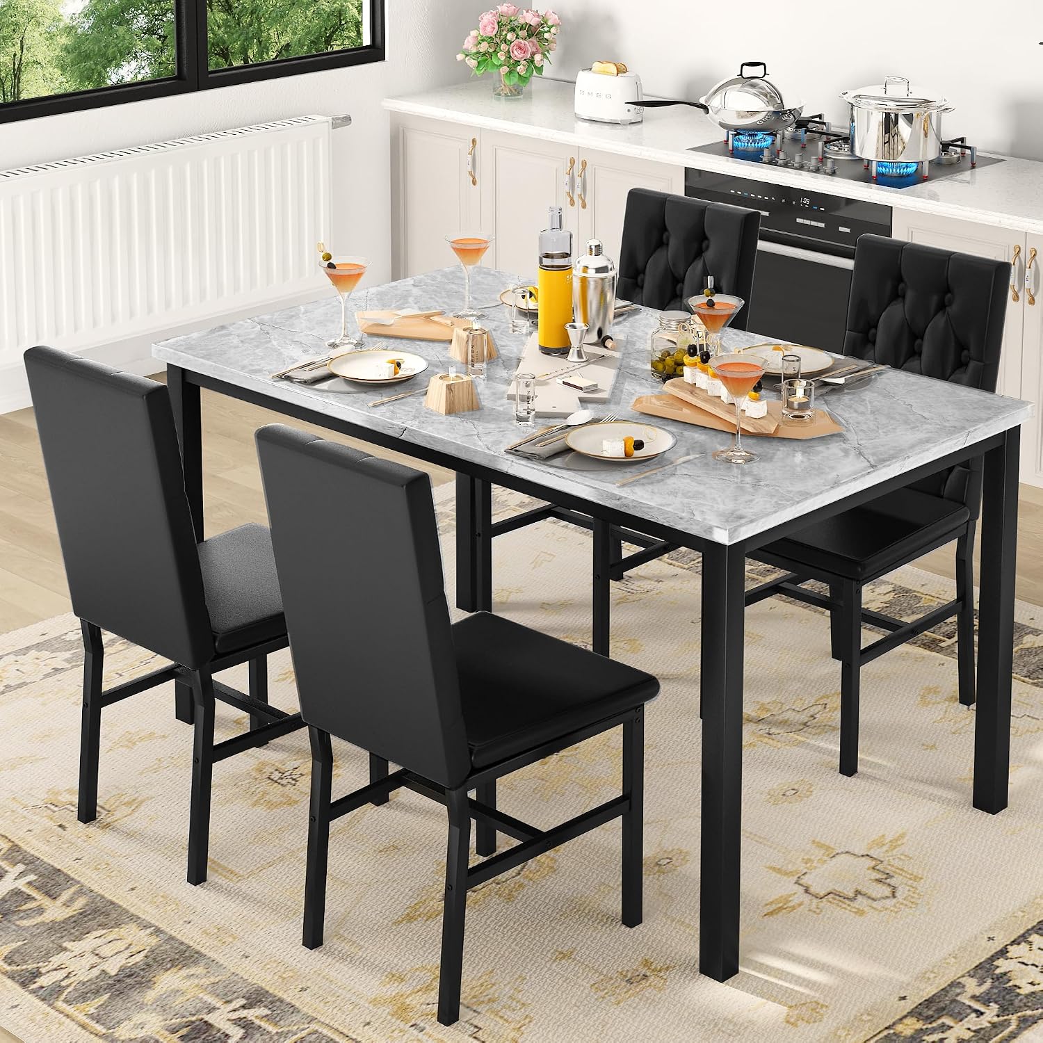 Hooseng Dining Table Set for 4, Faux Marble Small Kitchen Table Chairs Set of 4 with Luxurious Button Tufted Dinner Chairs for Kitchen and Dining (Gray)