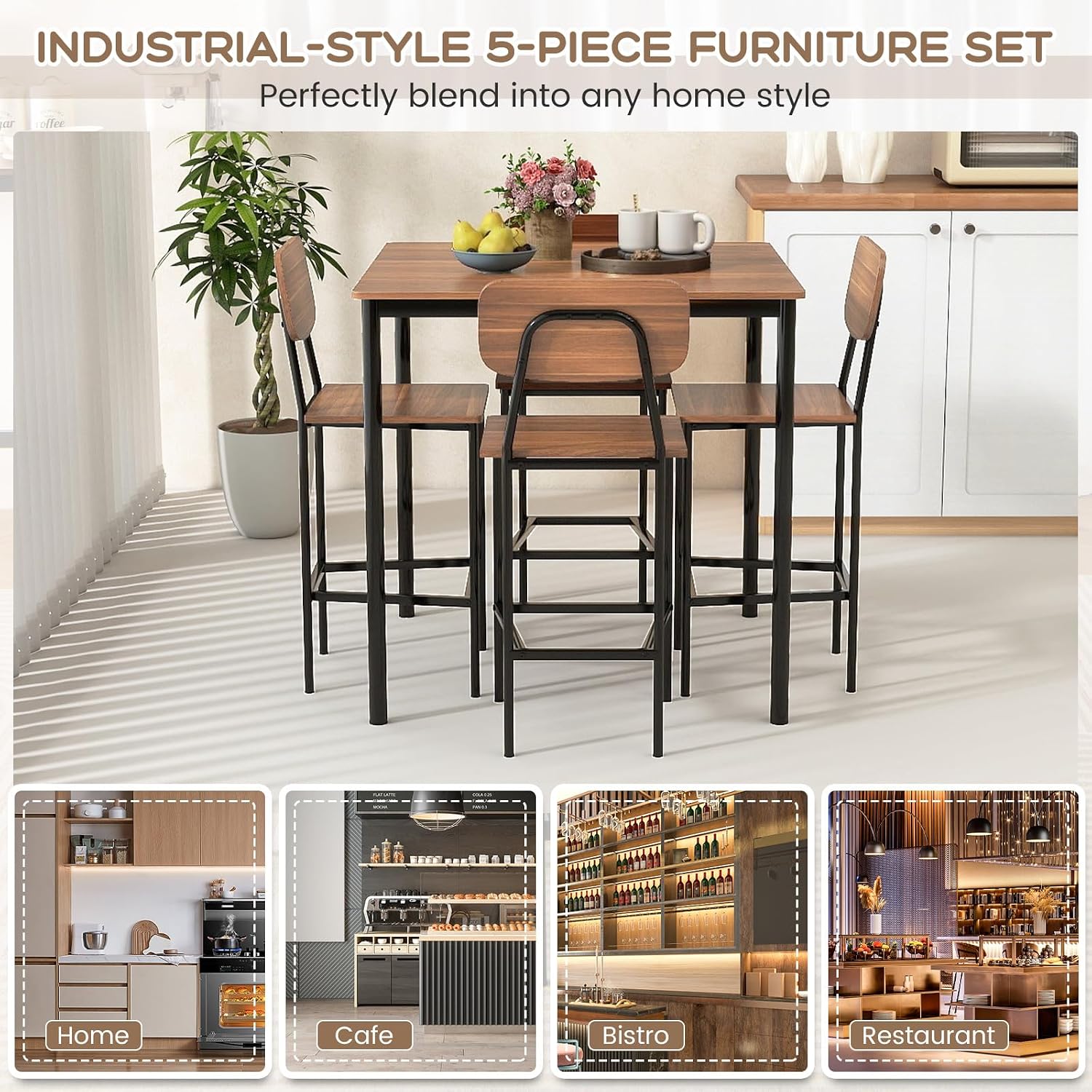 Giantex 5-Piece Dining Table Set W/Counter Height Table & 4 Bar Stools, Industrial Kitchen Dining Table Set W/Footrest & Backrest, Space-Saving Dinette Set for Pub, Dining Room, Restaurant (Teak)