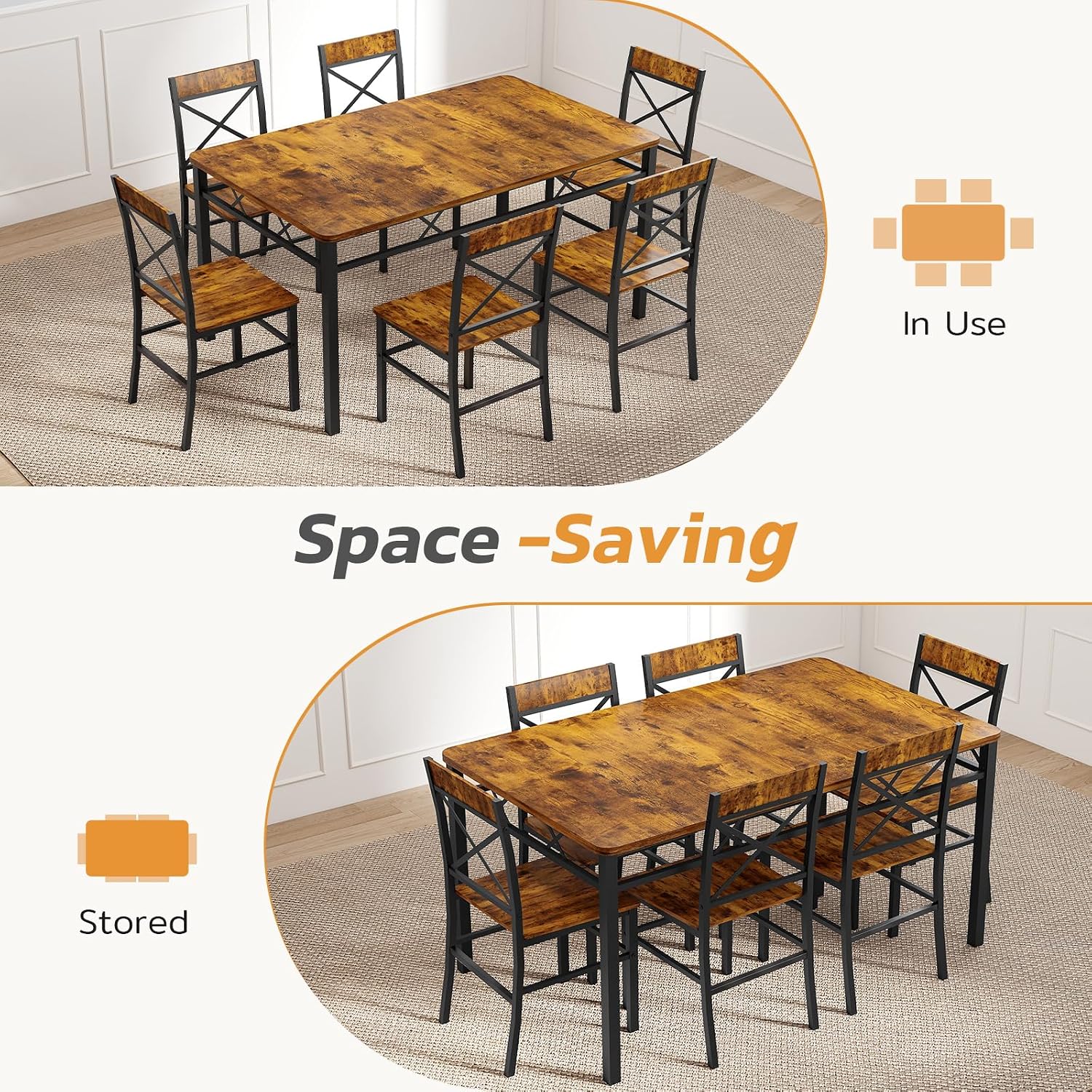 Zevemomo 7-Piece Dining Table Set, Kitchen Table Chairs Set of 6, Dining Room Sets for 6, Farmhouse Dining Table Set with 6 X-Shaped Curved Backrest Chairs, for Kitchen & Living Room-Rustic Brown