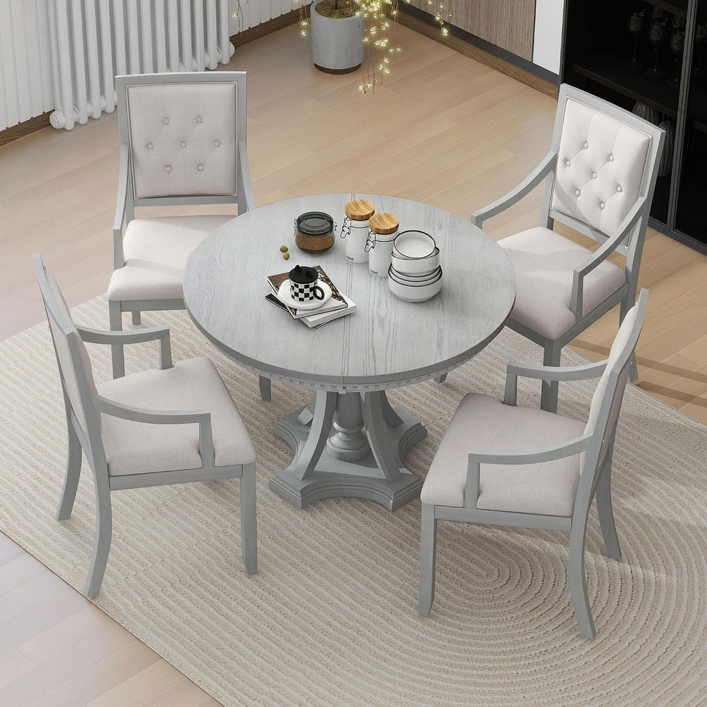 LUMISOL Round Dining Table Set for 4, 5-Piece Extendable Kitchen Table Set with 4 Upholstered Chairs, Farmhouse Table and Chairs Set for Kitchen, Dining Room, Living Room, Antique Grey