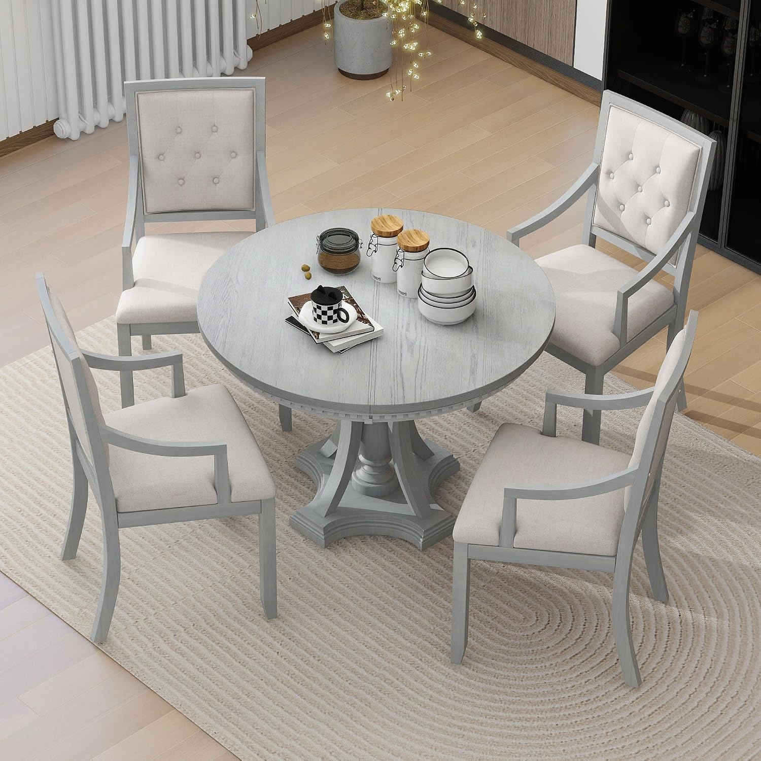 LUMISOL Round Dining Table Set for 4, 5-Piece Extendable Kitchen Table Set with 4 Upholstered Chairs, Farmhouse Table and Chairs Set for Kitchen, Dining Room, Living Room, Antique Grey