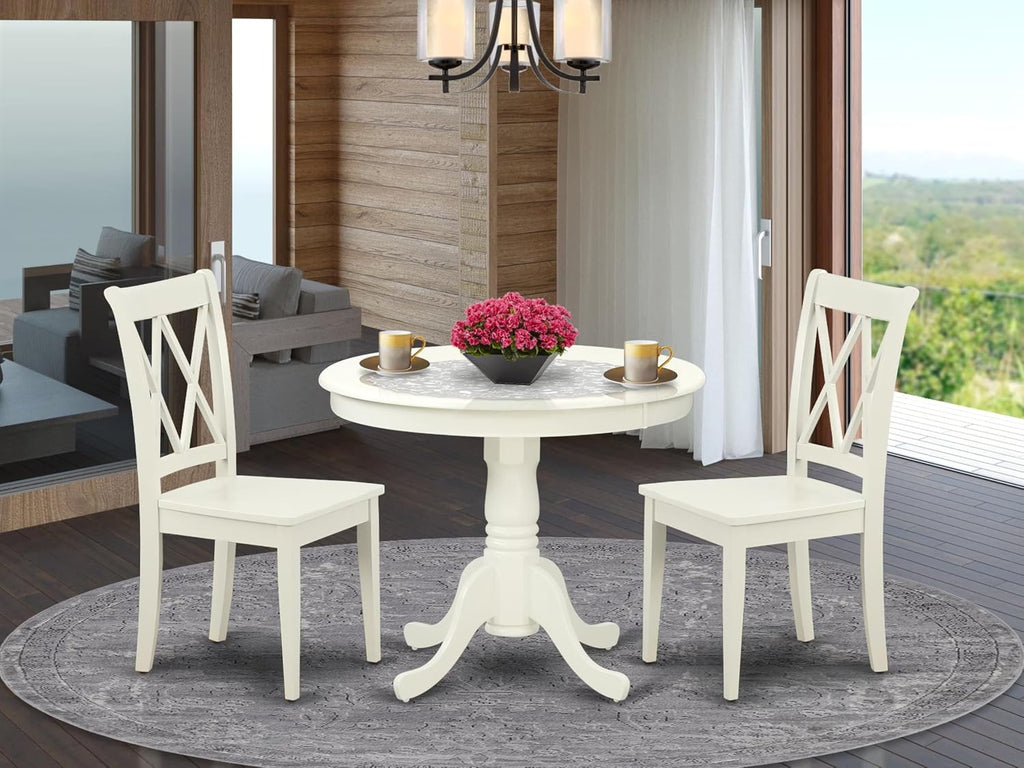 East West Furniture ANCL3-LWH-W 3 Piece Kitchen Table Set for Small Spaces Contains a Round Dining Room Table with Pedestal and 2 Solid Wood Seat Chairs, 36x36 Inch, Linen White