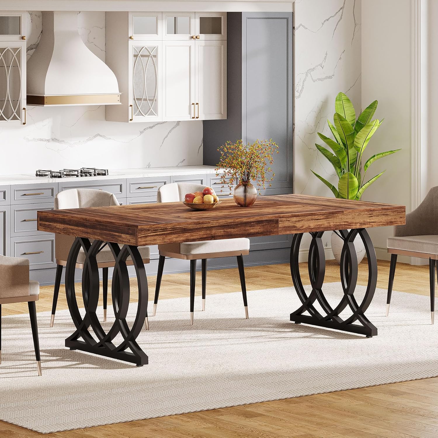 Tribesigns 63-Inch Dining Table for 4-6, Modern Kitchen Table with Faux Marble Tabletop and Geometric Legs, Rectangle Dining Room Furniture for Living Room, Kitchen, Rustic Brown and Black