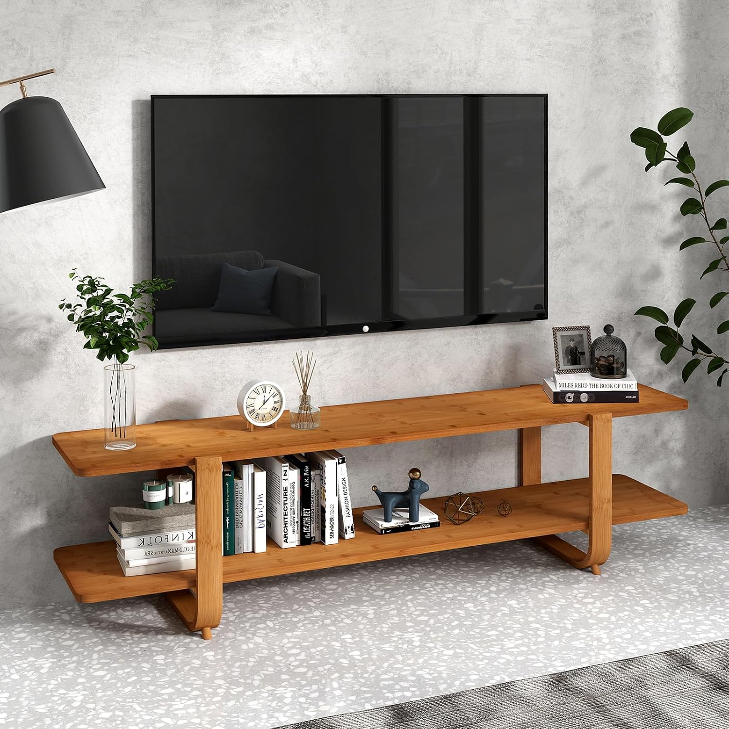 HollyHOME Bamboo TV Stand with Storage for TVs up to 65'', Modern Entertainment Center with 2 Open Shelf, Accent TV Media Console Table for Living Room, Bedroom, 55'(L), Walnut