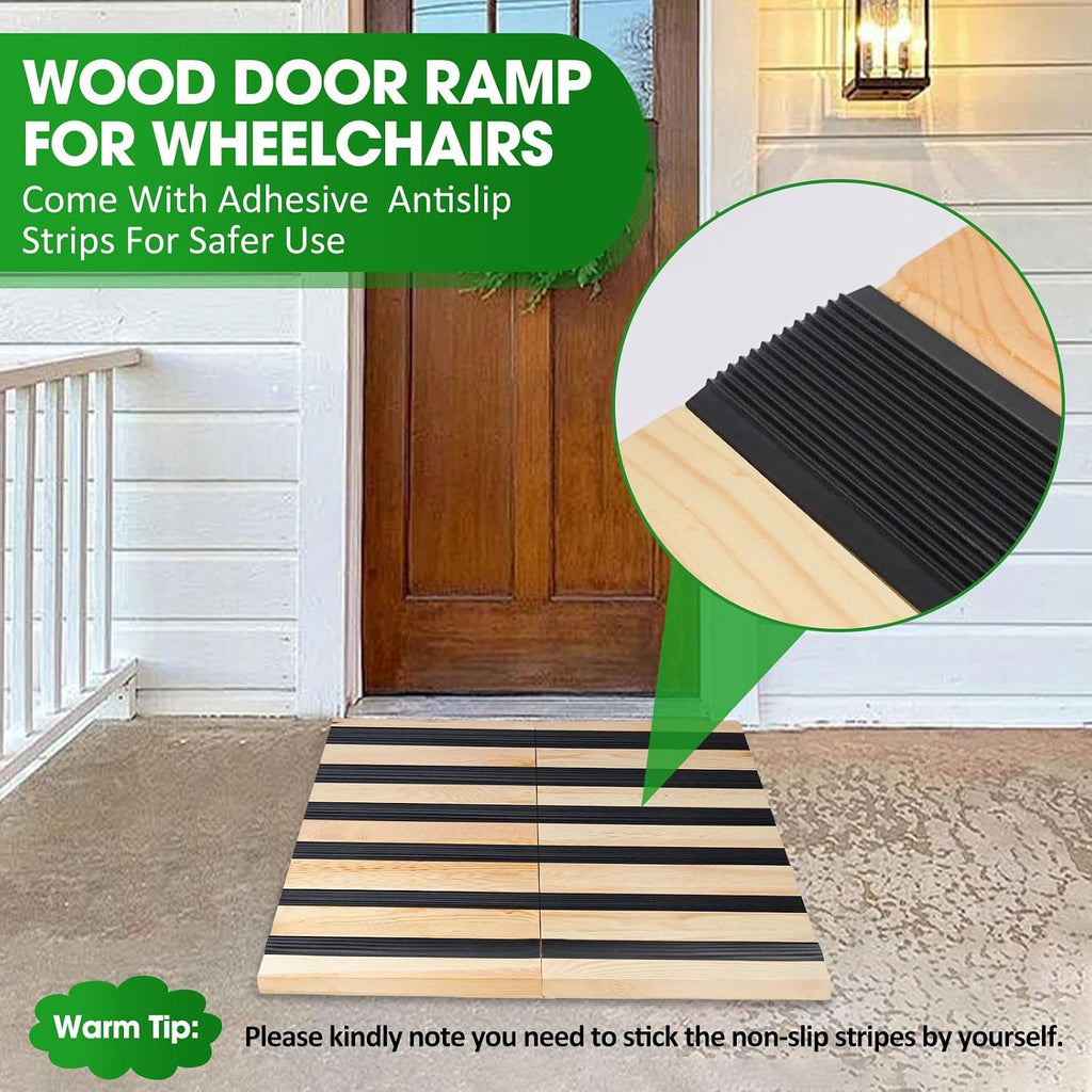 9' Rise Wooden Threshold Ramp for Home Steps, Door Ramp for Wheelchair/Walker/Cart/Scooter, Multipurpose Door Ramp with Non-Slip Stripes(35.4' W*9.0' H, Solid Wood, 800LBs Capacity)