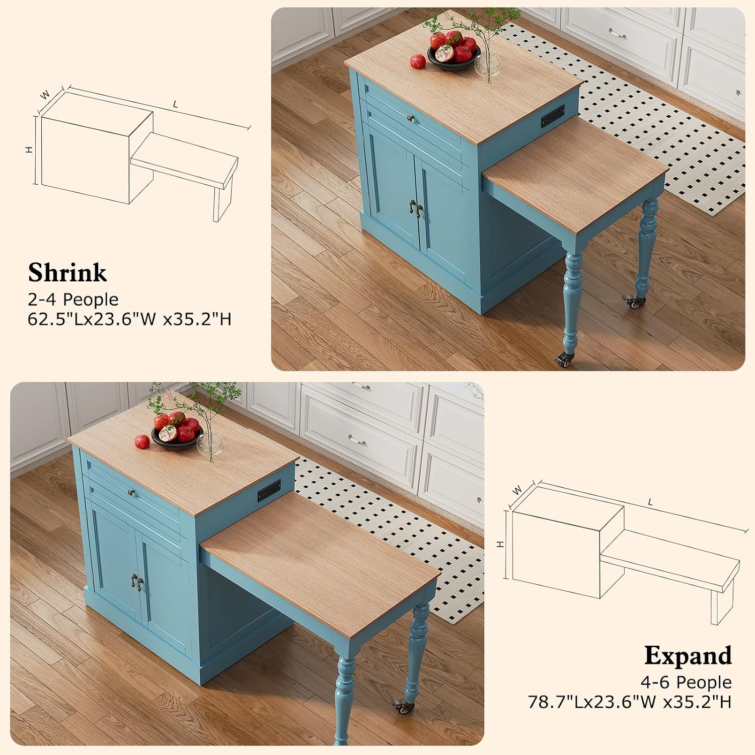 HLR 72' Kitchen Island with Extendable Table for 2-4, Island Table for Kitchen with Power Outlet and Storage Slide Out Legs, Rolling Islands Cart with 2 Doors (Blue)