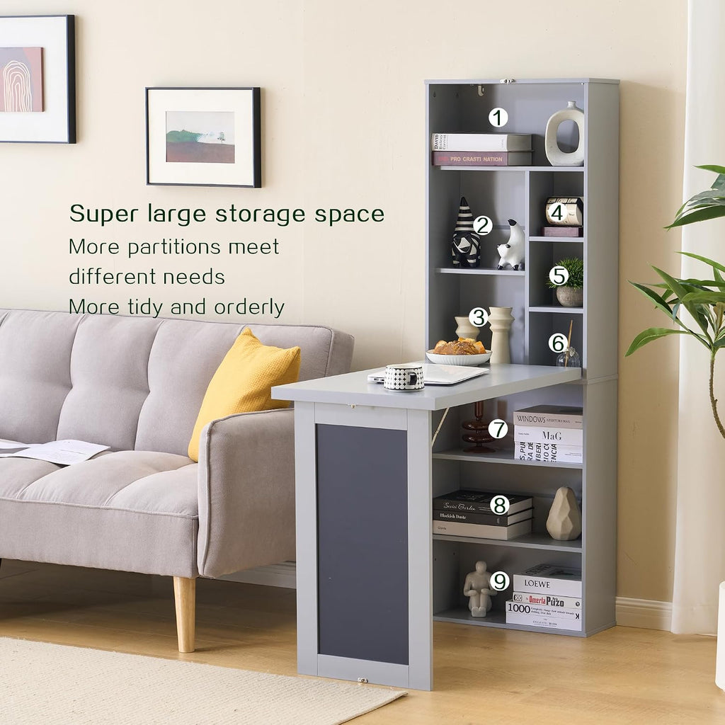 Folding Desk with Storage,Foldable Convertible Writing table with Blackboard and Shelves,Wall Mount Fold Out Table Cabinet , Space-Saving Murphy Desk for Multi-Function Home Office Workstation (Grey)