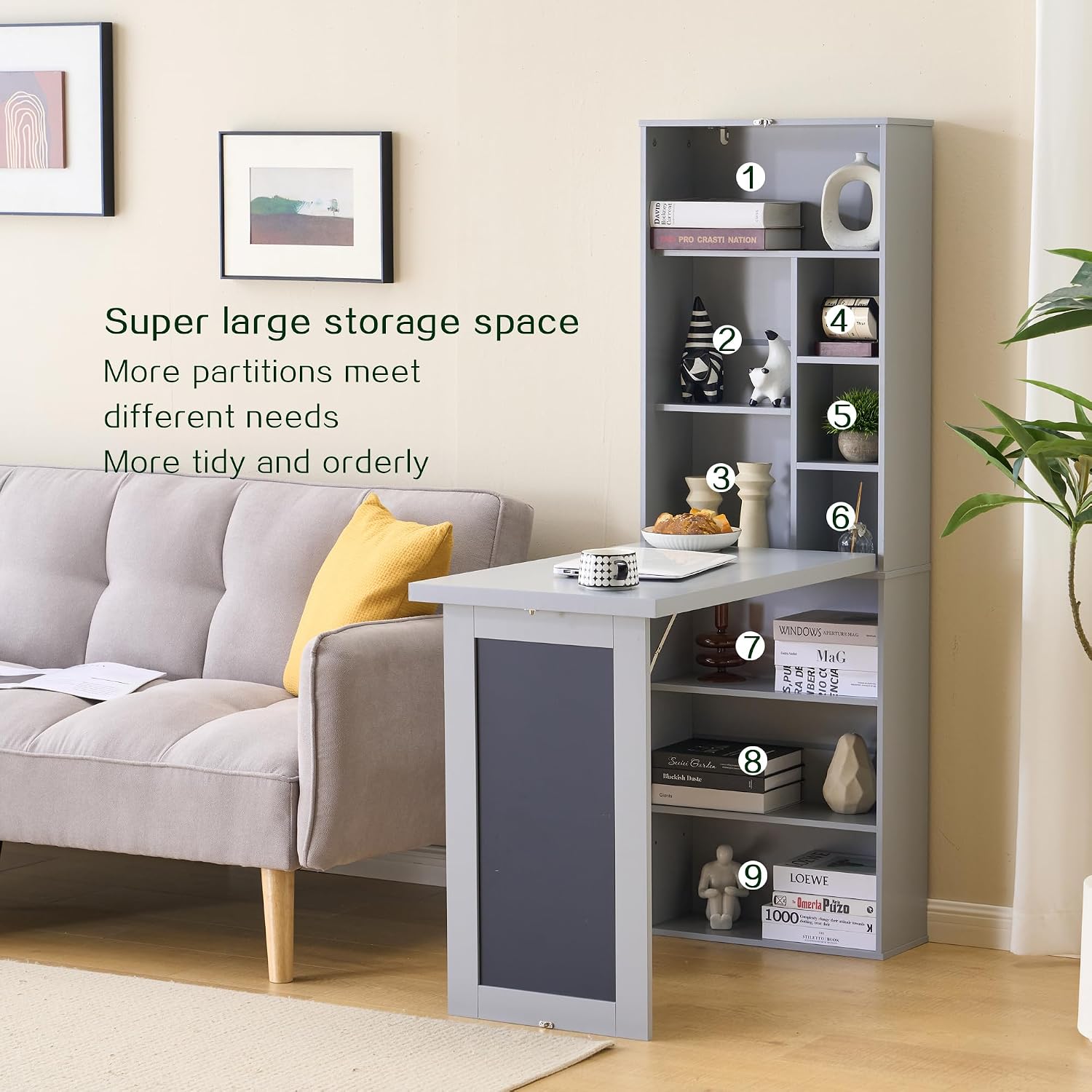 Folding Desk with Storage,Foldable Convertible Writing table with Blackboard and Shelves,Wall Mount Fold Out Table Cabinet , Space-Saving Murphy Desk for Multi-Function Home Office Workstation (Grey)