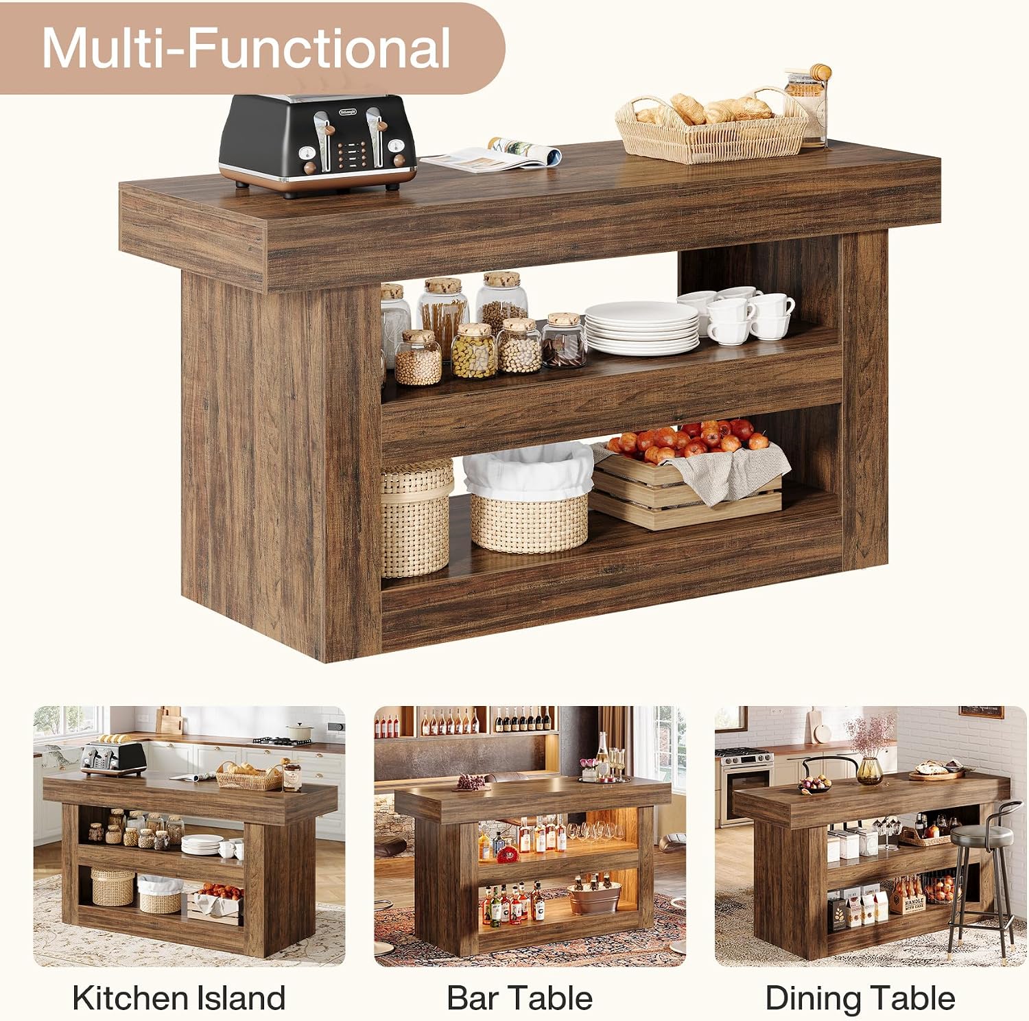 Tribesigns 55-Inch Kitchen Island with Storage, Farmhouse 3-Tier Stationary Island Table with Large Countertop, Wooden Coffee Bar Table Storage Cabinet for Kitchen, Dining Room, Living Room, Brown