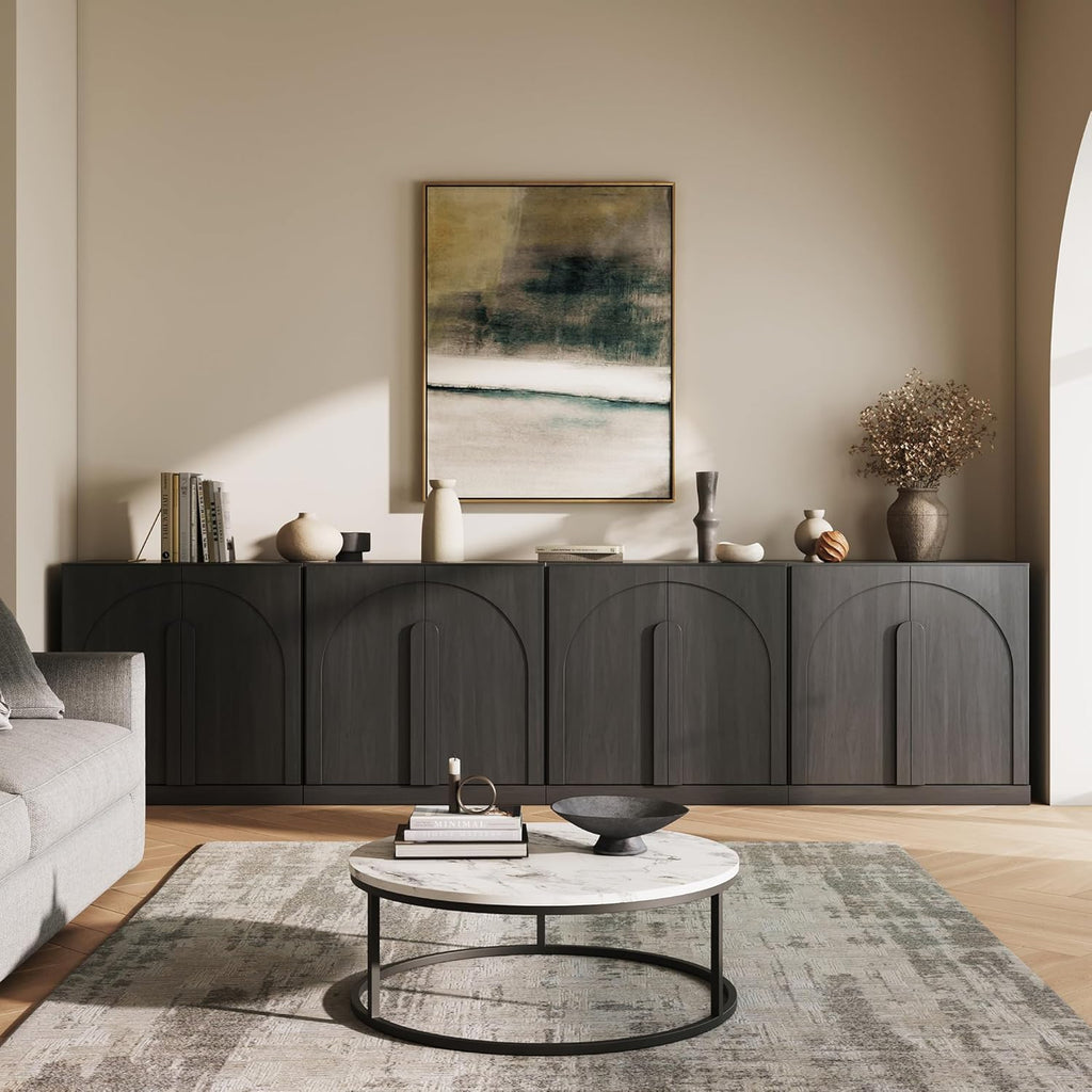 BELLEZE 4-Piece Modular TV Stand Set -Modern Entertainment Center with Wide Wooden Handle,Sideboards with Adjustable Shelves,Classic Media Console Table Cabinet for Living Room (Ebony)