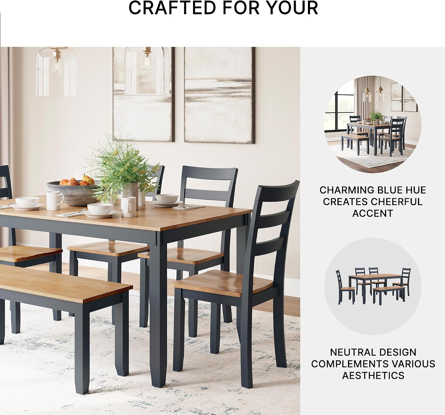Signature Design by Ashley Gesthaven Casual Dining Room Table Set with 4 Chairs and Bench, Set of 6, Mango Wood, 30.25' Table Height, Blue & Light Brown