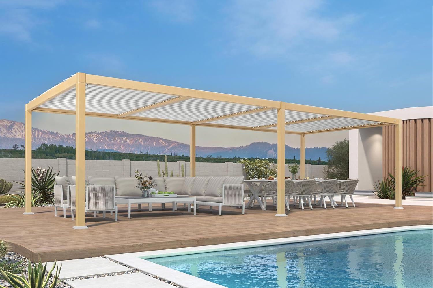 PURPLE LEAF 11' x 28' Louvered Pergola Outdoor Wood Grain Aluminum Large Pergola with Adjustable Roof Retractable Patio Rainproof Hardtop Gazebo for Deck Backyard Garden