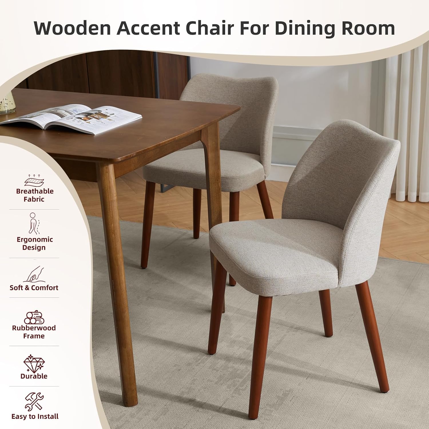 GarveeHome Linen Dining Chairs Set of 4 Upholstered Fabric Dining Chair with Wood Legs, Wing Backrest, Wooden Kitchen Chairs with Thick Cushions, Leveling Feet for Dining Room, Living Room, Khaki