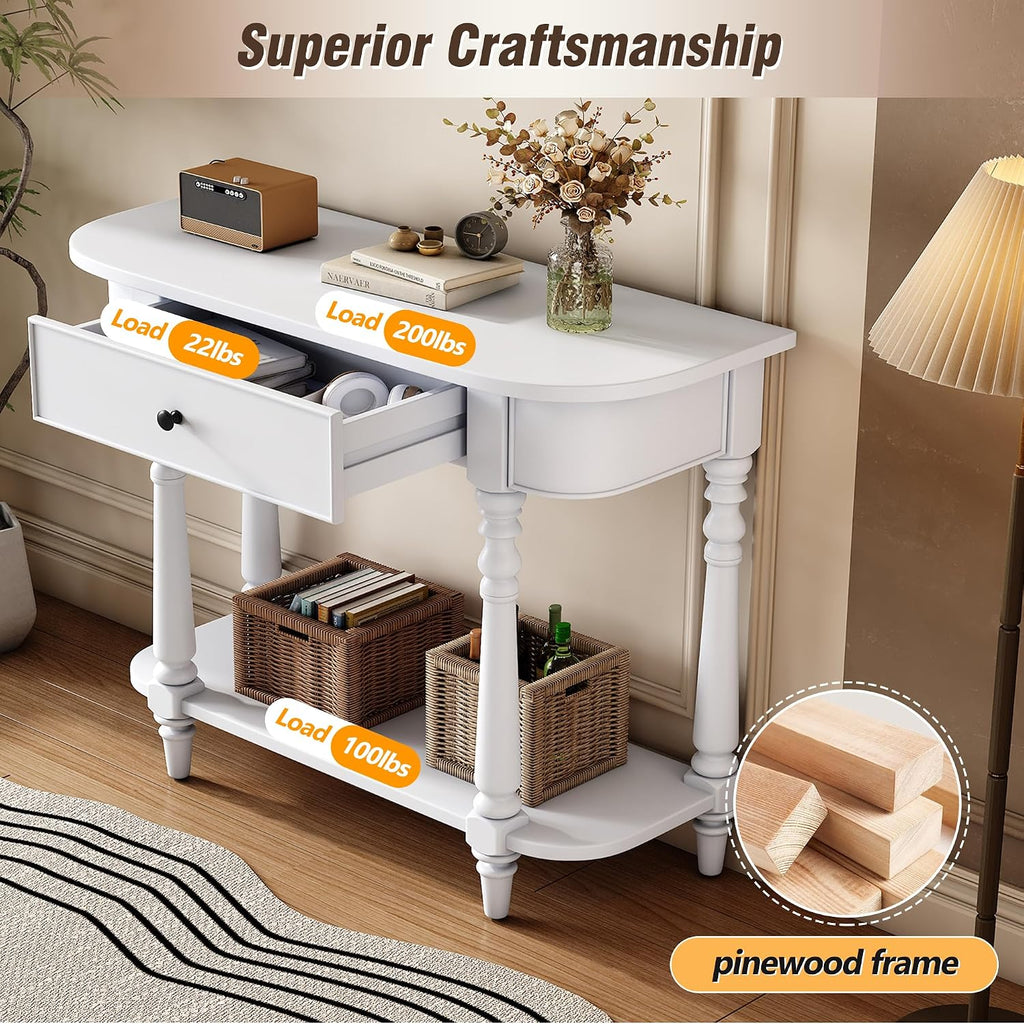 LKTART Solid Wood Corner-Curved Console Table,Farmhouse Space-Saving Entryway Sofa Table with Drawer & Open Shelf for Living Room,Hallway,Foyer(White 36')