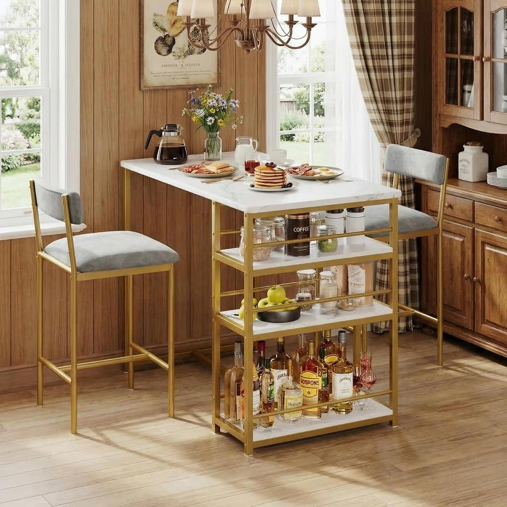 GarveeHome Dining Table Set for 2, Counter Height Kitchen Table with 2 Upholstered Bar Stools, Dining Table and Chairs Set with Storage Shelves, for Small Space, Apartment, Gold-Gray-White