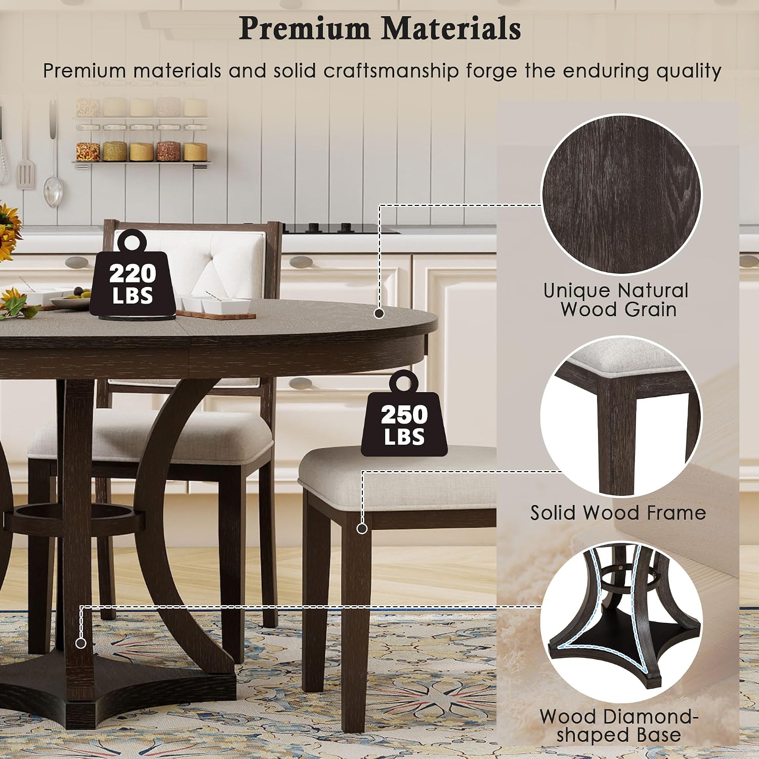 Bellemave Extendable Dining Table Set for 4, 5-Piece Retro Round Table Set with 4 Upholstered Chairs, Round Table with a 16' W Leaf, Oval Kitchen Table Set with Extendable Table (Espresso)