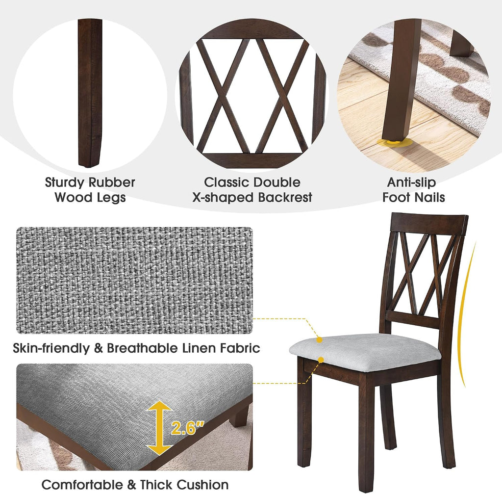 Harper & Bright Designs 5-Piece Wood Drop Leaf Dining Table Set with 4 X-Back Chairs, Space-Saving Breakfast Nook Dining Set, Brown + Grey Cushion