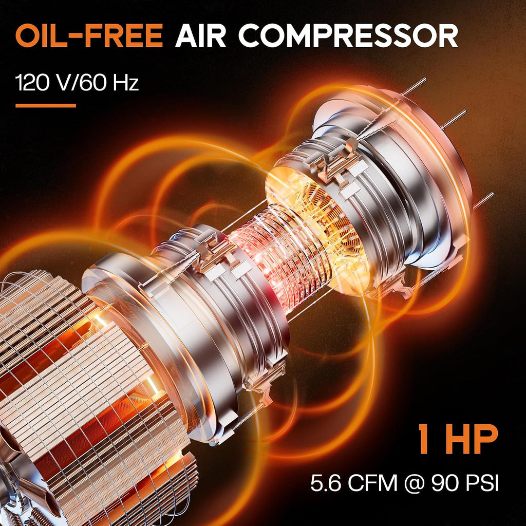 Albott 8 Gallon Oil-Free Air Compressor with Automatic Drain Valve | 1 HP Wheeled Tank Portable Garage Air Supply 70 dB Noise Level Pneumatic Tool Tire Inflation Use