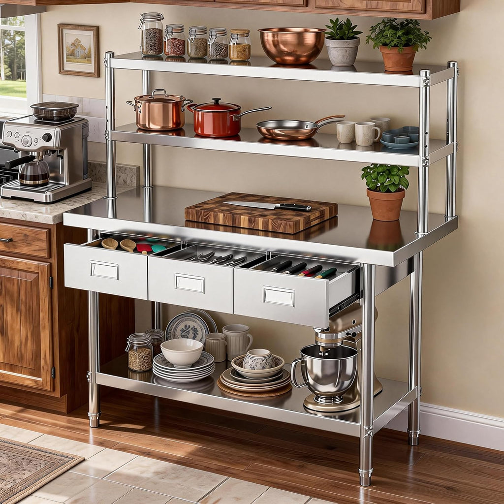 DWVO 72x24in Stainless Steel Table, NSF Metal Prep Worktable with Adjustable Overshelf & 3 Drawers for Kitchen Restaurant Hotel Garage Warehouse Home
