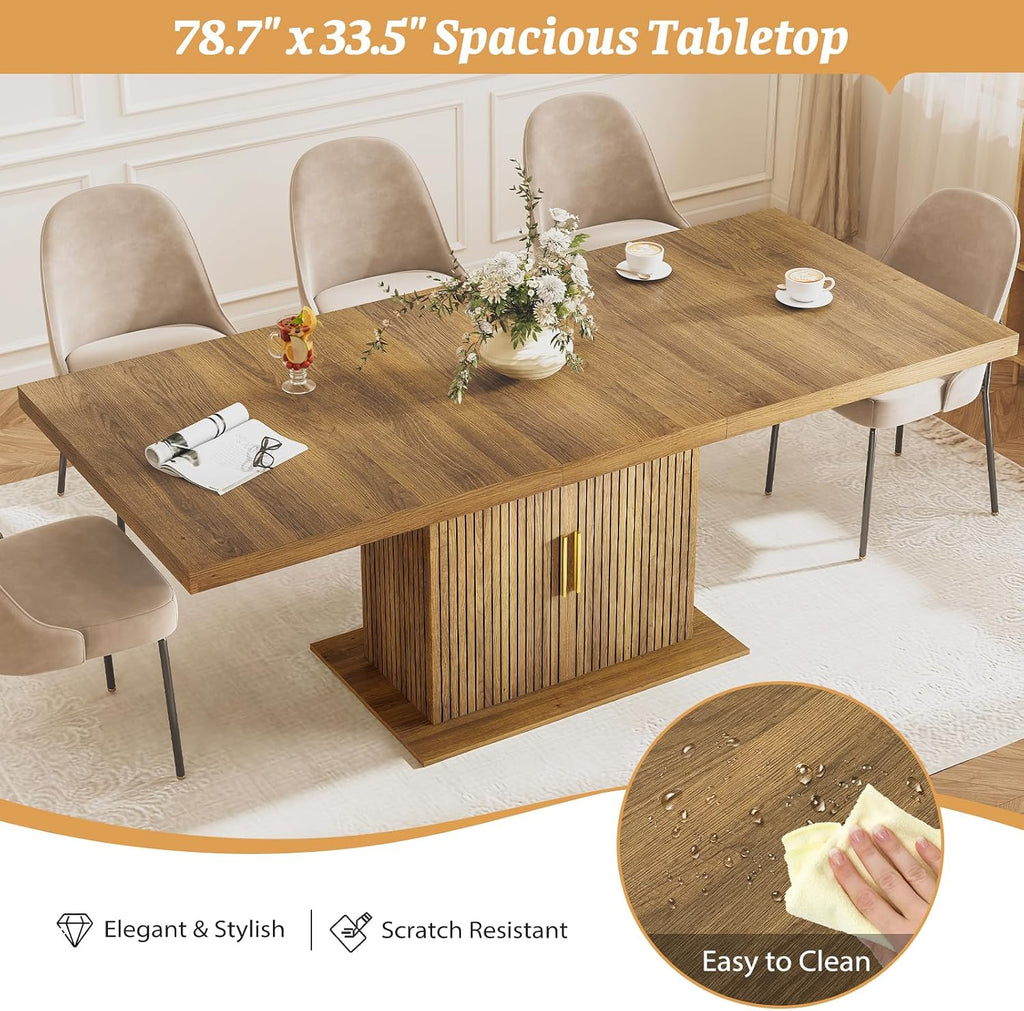 Zevemomo 62.99'-78.74' Expandable Dining Table with Storage, Extendable Dining Table for 6-10 People, Extra Hidden Storage for Tableware & Wine, Modern Farmhouse Table for Kitchen Living Room-Brown