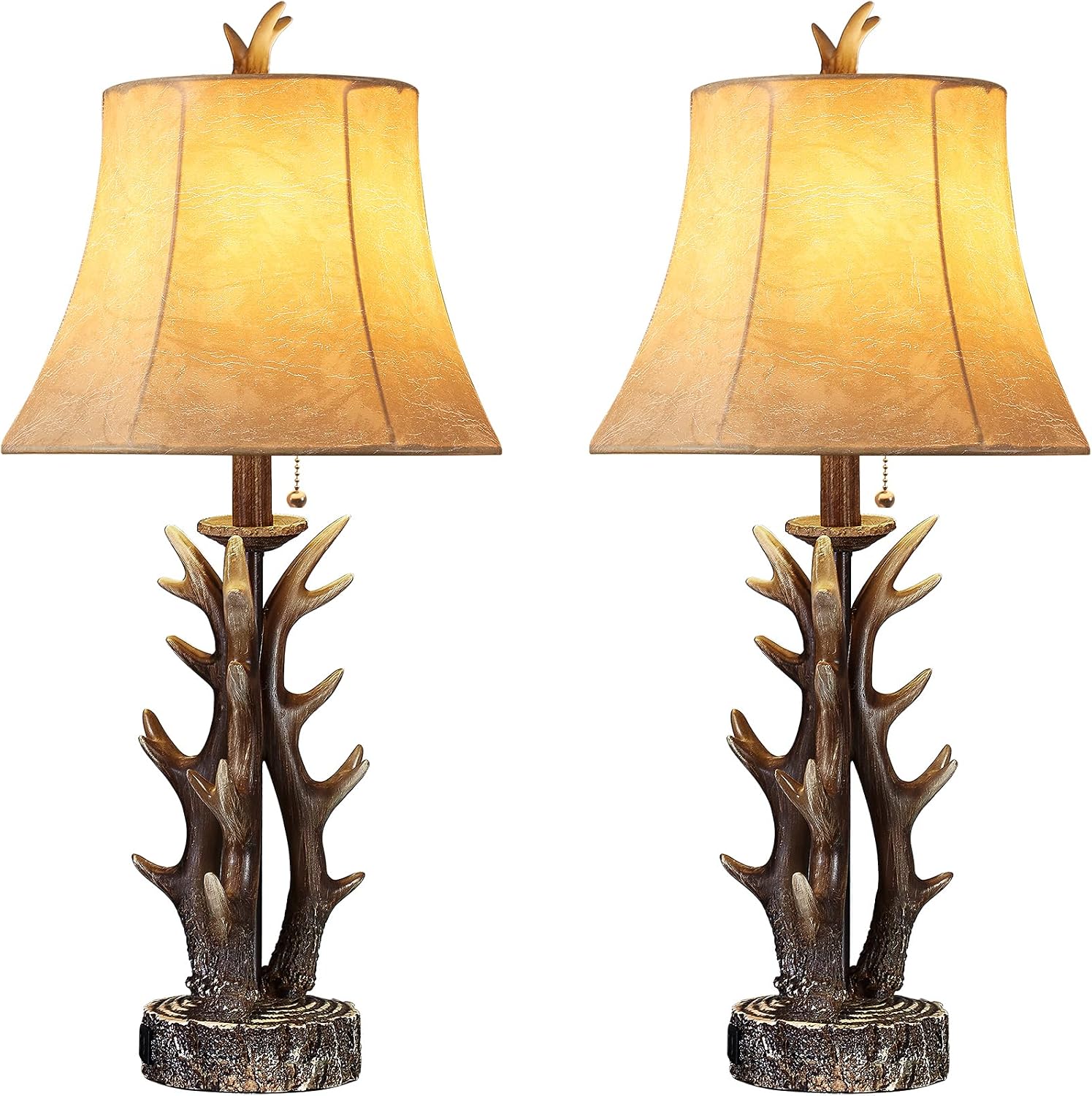 Antler Table Lamps Set of 2 with USB A+C Ports 28' Tall Rustic Farmhouse Deer Bedside Lamps with Faux Leather Bell Shade for Bedroom Living Room Office Decor Western Cabin End Table Lamp, Pull Chain