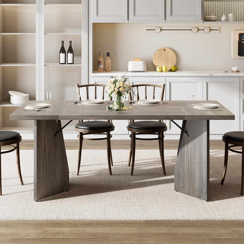 GarveeHome 70.9'' Rectangular Dining Table for 6-8, Wooden Thickened Long Desk, Farmhouse Kichen Table with Sturdy Frame and M-Shaped Legs, for Dining Room, Kitchen, Living Room, Office, Grey