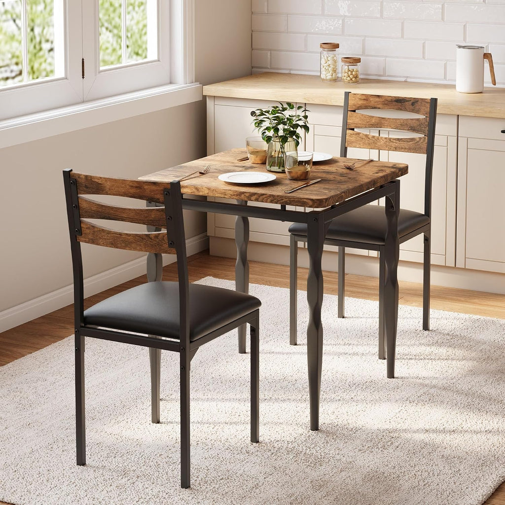 GarveeHome Dining Table Set for 2, Dining Table and Chairs Set of 2, 3 Piece Dining Table Set with Spiral Table Legs for Small Spaces, Kitchen, Apartment, Brown