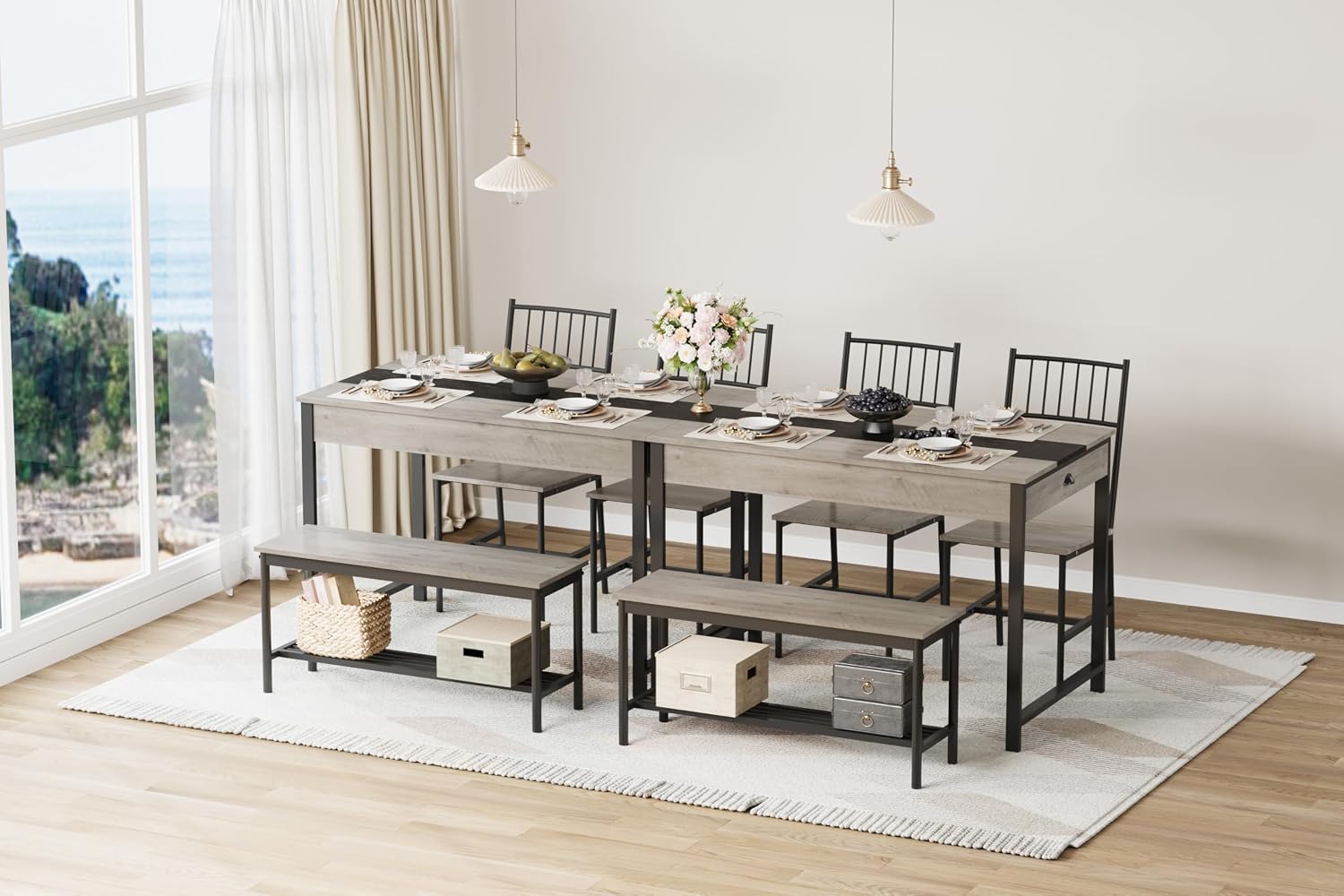 GarveeHome Dining Table Set for 4, Small Kitchen Table and 2 Chairs for 4 with Bench, Space Saving Kitchen Table Set with Storage Rack & Drawers, Breakfast Nook Rectangular Farmhouse Table Set, Grey