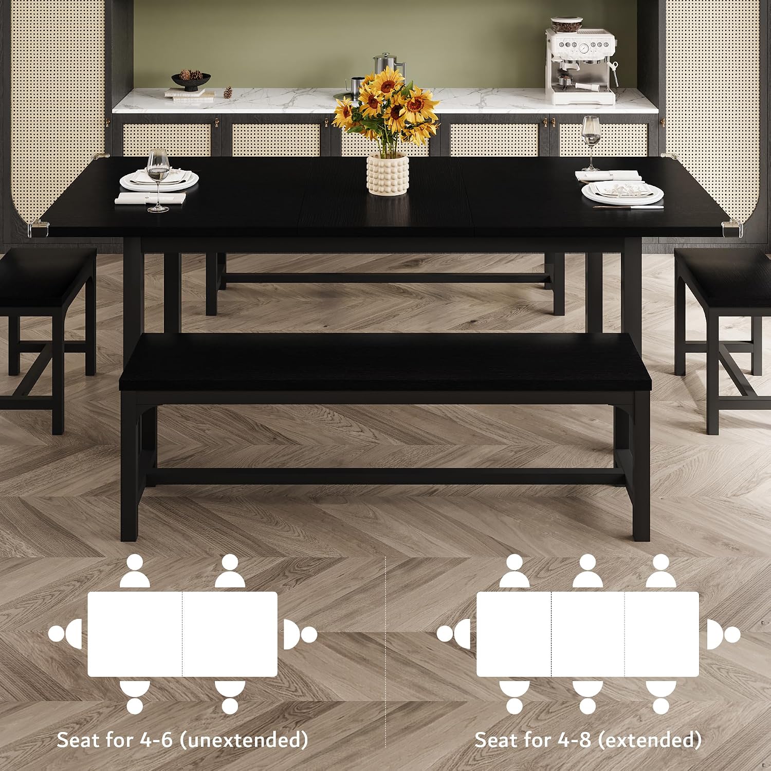 iPormis 5-Piece Dining Table Set for 4-8 People, Extendable Kitchen Table Set with 2 Benches and 2 Square Stools, Mid-Century Dining Room Table with Metal Frame & MDF Board, Saving Space, Black