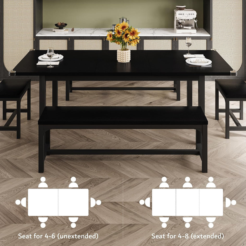 iPormis Extendable Dining Table Set for 4 6 8, Black Kitchen Table with 2 Benches and 2 Square Stools, Classic Dining Room Table with Stable Metal Base, Space Saving