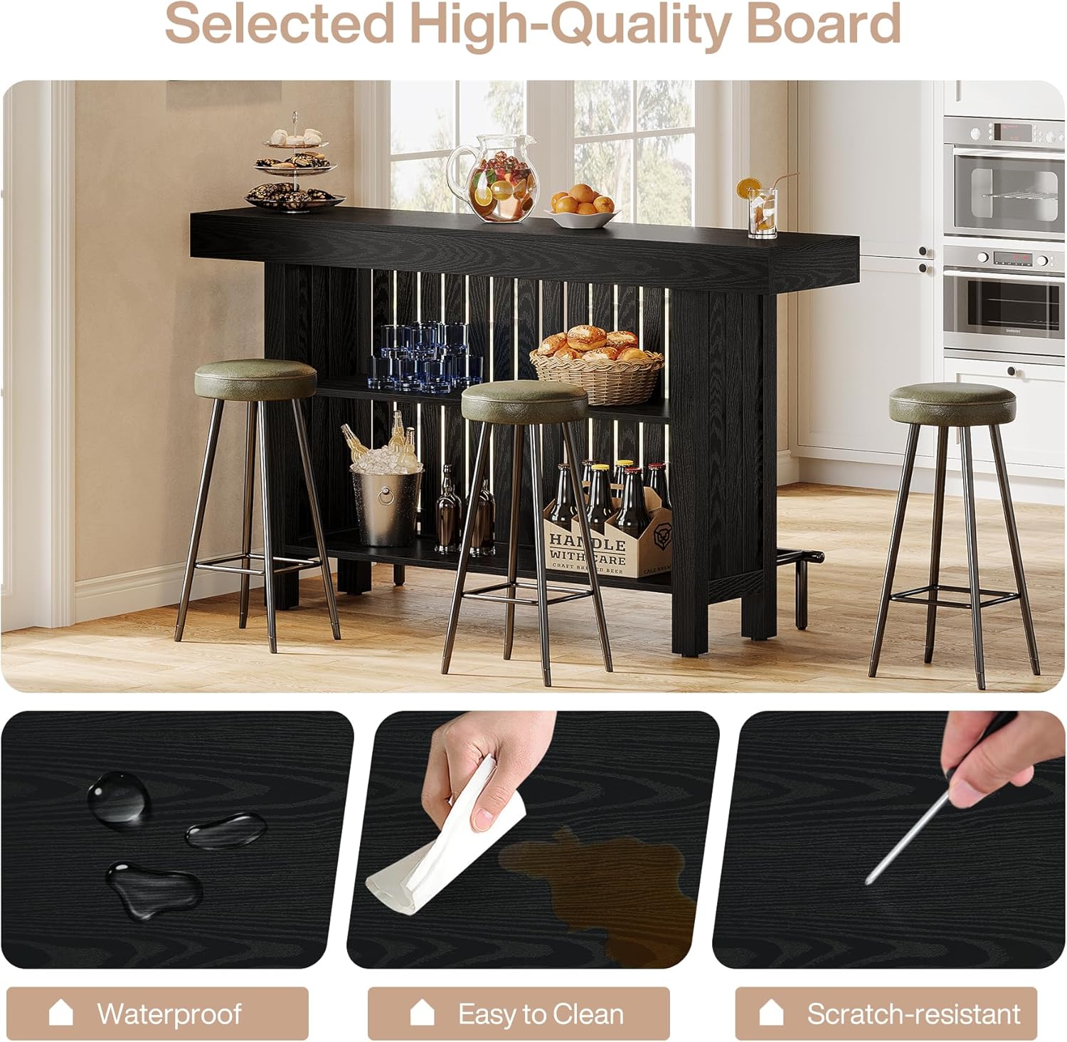Tribesigns Black Large Home Bar Unit, 2-Tier Mini Bar Table Height Pub Table with Footrest, 63-Inch Modern Coffee Bar Cabinet for Home Kitchen, Bistro, Dining Room, Living Room
