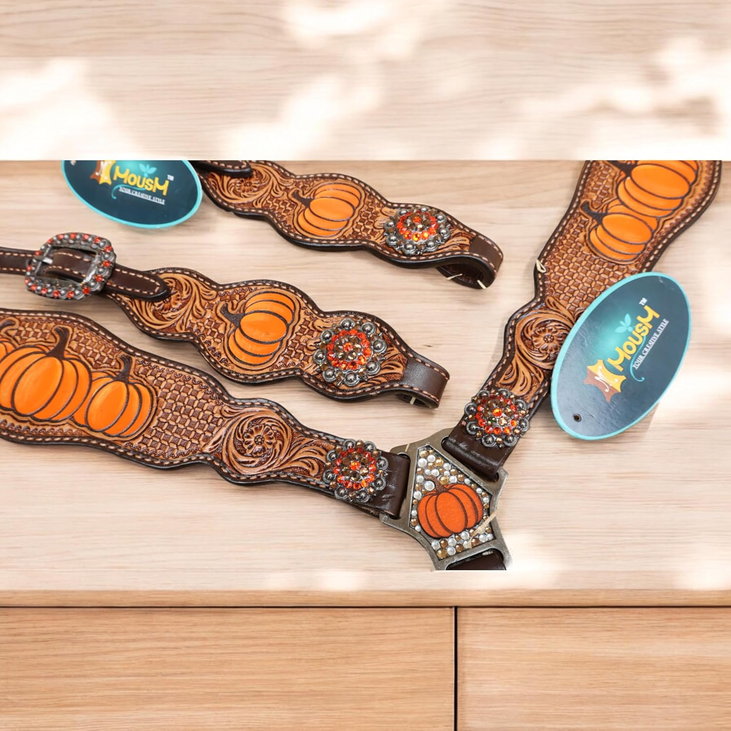 Spooky Western Leather Horse Tack Set - Hand Painted Halloween Pumpkin Headstall & Breast Collar with Floral Tooling, Rhinestones, and Window Carving