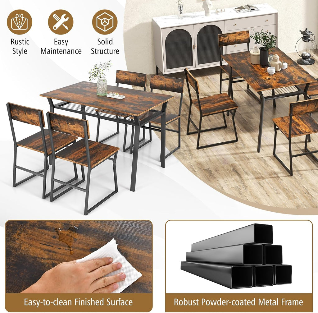 Giantex Dining Table Set for 4, 47'L x 28'W Rectangular Kitchen Table w/ 4 Trapezoid Chairs, Reinforced Metal Frame & Storage Rack, Industrial Space-Saving Dinette Set for Kitchen Dining Room (Brown)