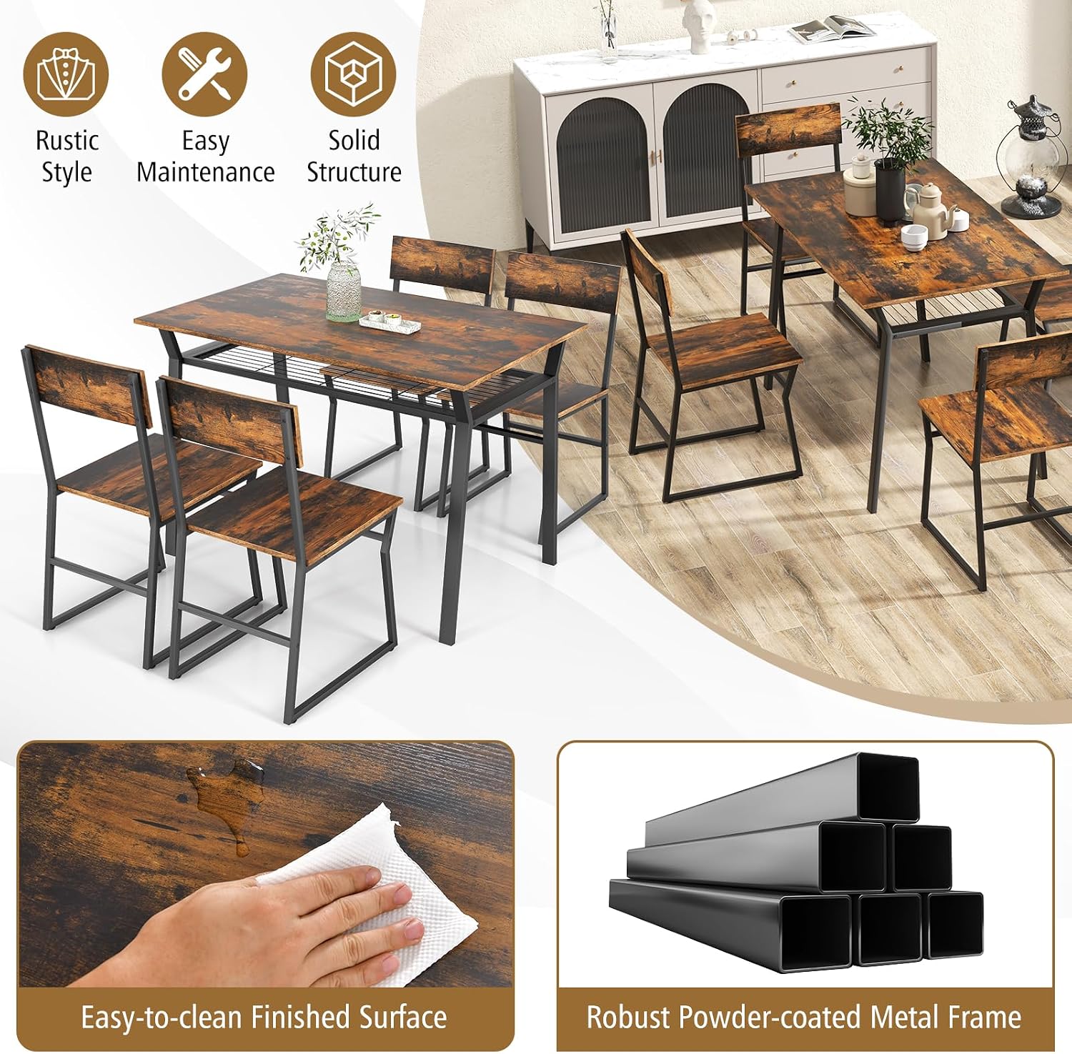 Giantex Dining Table Set for 4, 47'L x 28'W Rectangular Kitchen Table w/ 4 Trapezoid Chairs, Reinforced Metal Frame & Storage Rack, Industrial Space-Saving Dinette Set for Kitchen Dining Room (Brown)