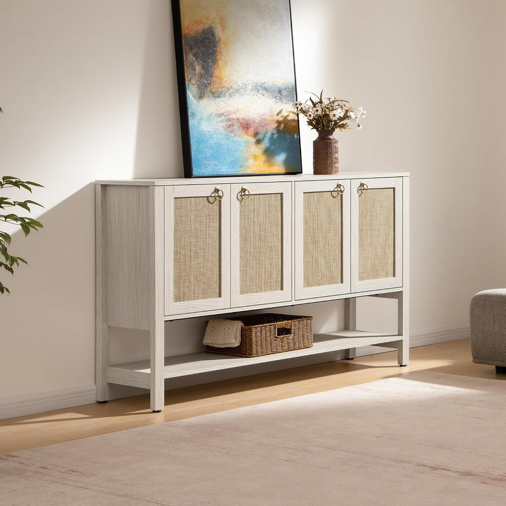 SICOTAS Sideboard Buffet Cabinet with Rattan Doors, 55' Boho Coffee Bar Cabinet with Open Shelf, Modern Farmhouse Credenza & Console Table for Entryway, Kitchen, Dining Room