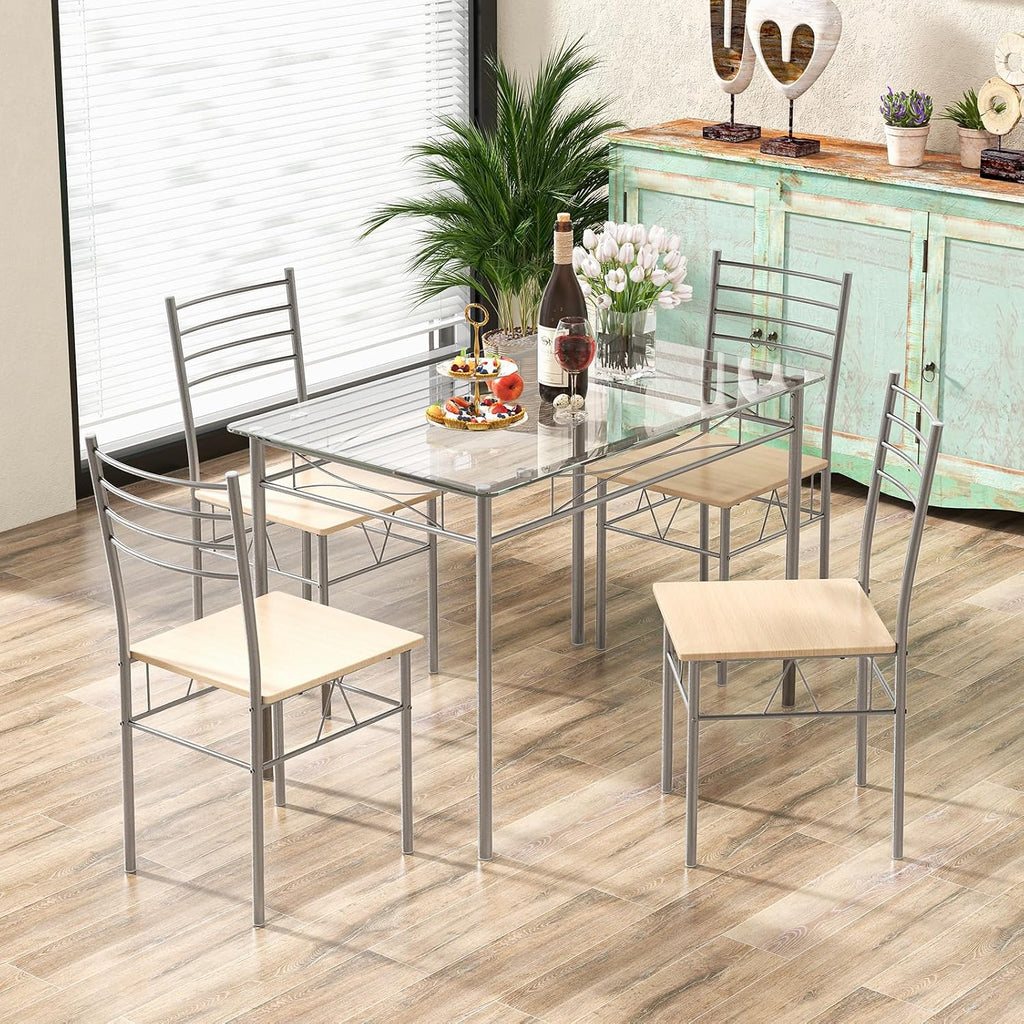 Giantex 5 Piece Dining Table Set, Kitchen Dining Set with Tempered Glass Table Top and 4 Chairs, Dinette Set for 4 for Breakfast Nook Dining Room Kitchen (Transparent)