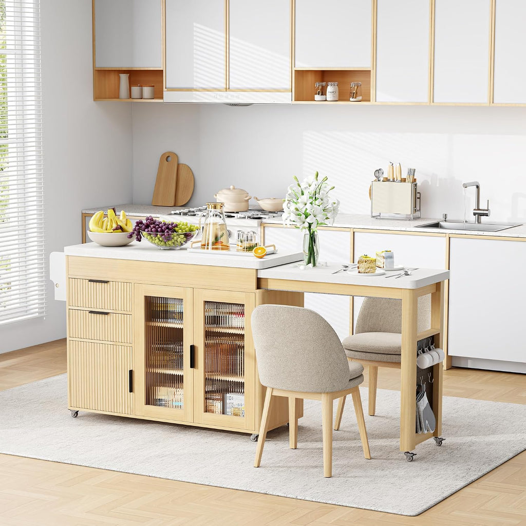 IRONCK 78.7' Kitchen Island with Extendable Dining Table, Rolling Kitchen Cart on Wheels with Quartz Laminate Top, Storage Cabinet, Spice Rack, Shelf & Drawer for Dining Room (Oak)