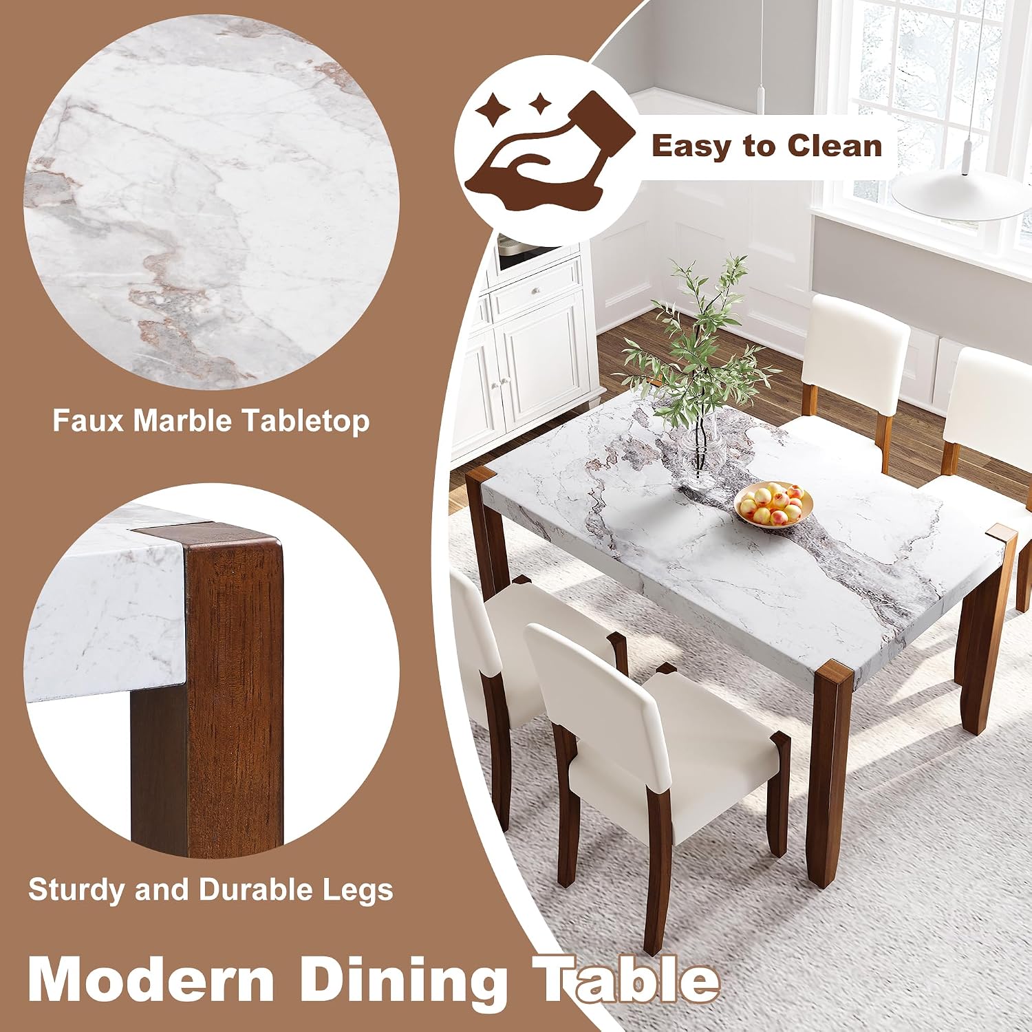 Merax Modern 5 Piece Dining Table Set for 4,Faux Marble Style Kitchen Table Set with One Rectangle Table and 4 Dining Chairs for Dining Room Table Set for Small Place